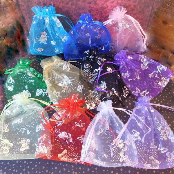 12 Large Butterfly Organza Bags, 4.5" x 6" Choice Pink, Aqua, Blue, Lt or Dk Purple, Lime, Green, Red, Yellow, Orange, Black, White, Assort