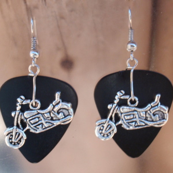 Motorcycle Earrings, Biker Guitar Pick Jewelry, Silver Dangling Bikes, Choice 12 Colors, Hot Rod Pierced or Clip On Earrings