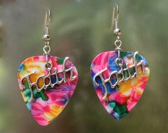 Faith Earrings, Christian Guitar Pick Jewelry Your Choice 12 Choice Colors Pierced or Clip On Earrings, Inspirational Words