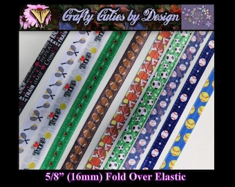 FOE Ribbon - Sports #2 - 5/8" 16mm - Printed Fold Over Elastic by Yard for Mask Extenders, Hair Ties, Bracelets, Headbands