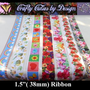 1.5" Birds & Flowers Ribbon - Rainbow, Bees, Pansies, Iris, Butterflies, Roses, Toucans, 38mm Grosgrain Ribbon Single Sided