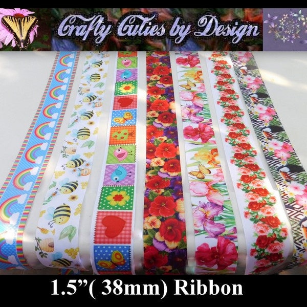 1.5" Birds & Flowers Ribbon - Rainbow, Bees, Pansies, Iris, Butterflies, Roses, Toucans, 38mm Grosgrain Ribbon Single Sided