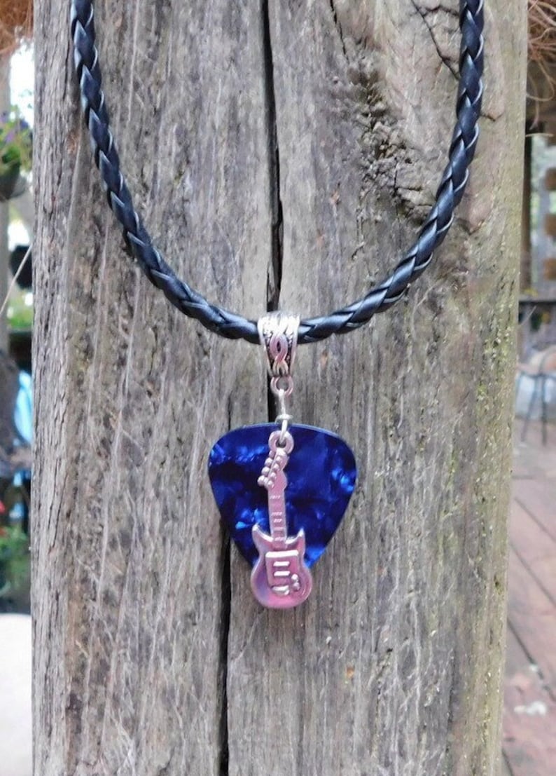 Guitar Pick Necklace, Choice 12 Colors, Tibetan Silver Braid Bail, Custom Size, Musical Instrument, Guitar Charm, Braided Cord image 1