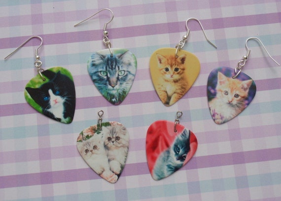 Kitties Guitar Pick Earrings, Feline Guitar Pick Jewelry, Choice Color, Pierced or Clip On, Kitty Cat Lover Gift