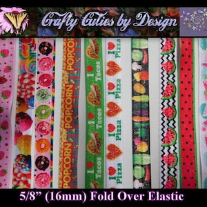 May include: Assortment of 5/8 inch (16mm) fold over elastic with various colorful prints, including strawberries, donuts, popcorn, tacos, pizza, vegetables, watermelon, and polka dots.