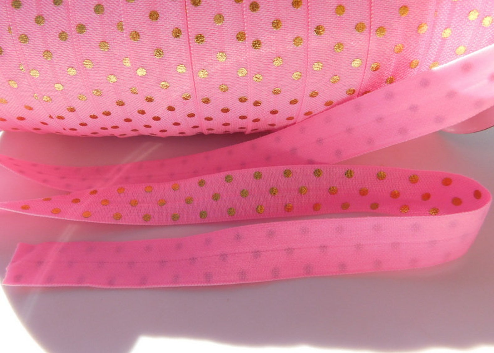 FOE Ribbon Gold Polka Dot 5/8 16mm Printed Fold Over Elastic by Yard