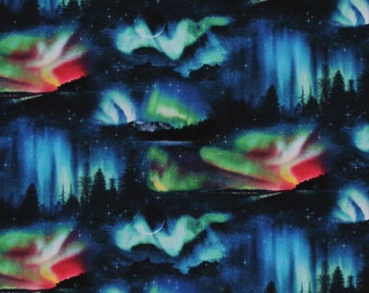 Cotton Landscape Medley Northern Lights Aurora Borealis Mountains Pine Trees Nightscape Cotton Fabric Print by the Yard (502-BLACK) D486.34