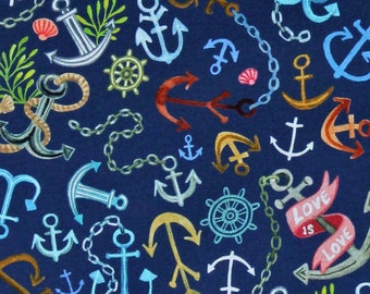 Cotton Anchors Nautical You're A Catch Love is Love Beach & Sea Navy Cotton Fabric Print per yard (STELLA-DMB2139-NAVY) D586.64