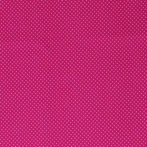 May include: A close-up of a bright pink fabric with a white polka dot pattern. The fabric is smooth and has a subtle sheen.