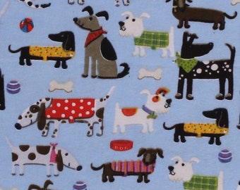 BTY Puppy Dogs Happy Pup on Blue Snuggle Cotton Flannel Fabric