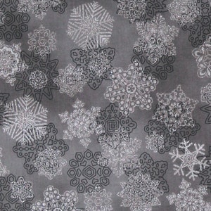 Cotton Snowflakes Silver Metallic on Gray Winter Christmas Holiday Flourish Snow Flower Cotton Fabric Print by the Yard D407.24