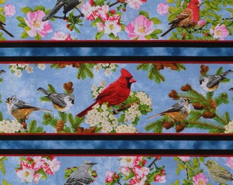Cotton Birds Songs of Nature Cardinal Nuthatch Finch Flowers Apple Blossoms Spring (8 Stripes) Blue Cotton Fabric Print by the Yard D784.60