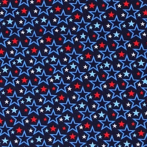 Cotton Patriotic Stars on Blue USA America Red White and Blue 4th of July Stars & Stripes Forever Cotton Fabric Print by the Yard (D406.41)