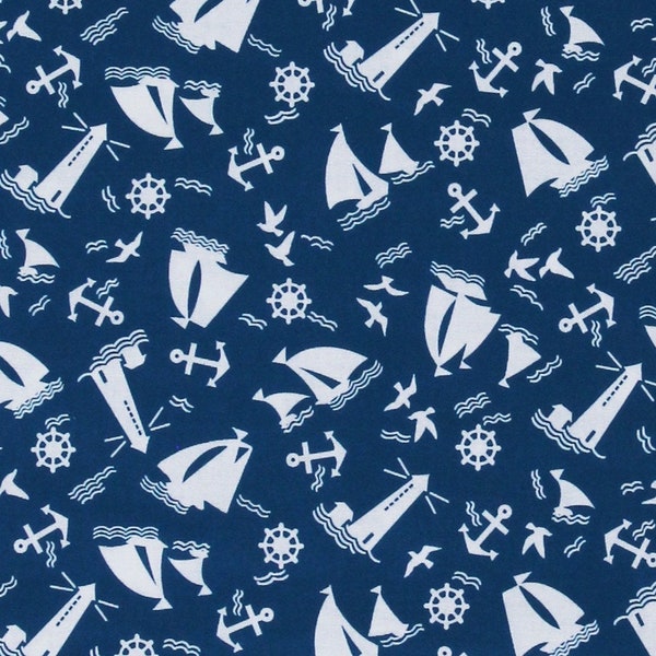 Cotton Sailboats Lighthouses Anchors Helm Seagulls Nautical Motifs Summer Beach Baby White on Blue Cotton Fabric Print by the Yard (D772.74)