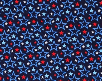 Cotton Patriotic Stars on Blue USA America Red White and Blue 4th of July Stars & Stripes Forever Cotton Fabric Print by the Yard (D406.41)