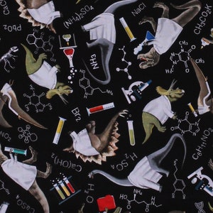Cotton Scientist Dinosaurs in Lab Coats Dinos Kids Black Cotton Fabric Print by the Yard (DINO-CD1690-BLACK) D583.80