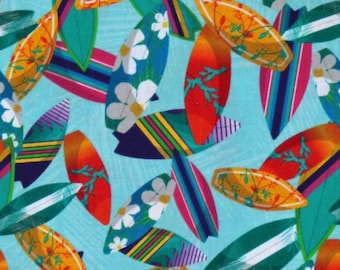 Cotton Surfboards Surfing Surfers Beach Summer Vacation Tropical Travel Surfs Up Aqua Cotton Fabric Print by the Yard (126320) D682.82