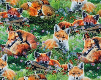 Cotton Mountain Sunrise Sleepy Foxes Fox Woodland Animals Grass Flowers Multicolor Cotton Fabric Print by the Yard D77495 by 3 Wishes Fabric