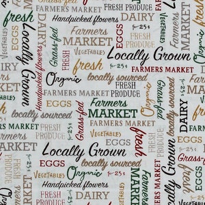 Cotton Farmers Market Words Word Cloud Vegetables Produce Organic Farming White Cotton Fabric Print by the Yard (52767-1) D485.51