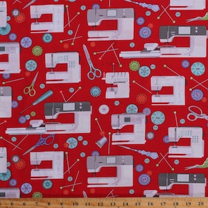 Cotton Sewing Machines Sewing Notions Supplies Seamstress Button Pins Scissors on Red Sewing Room Cotton Fabric Print by the Yard Benartex