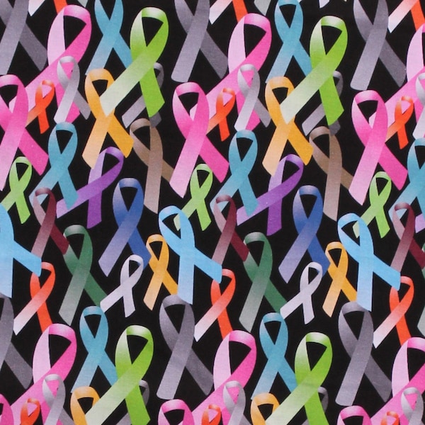 Cotton Cancer Awareness Ribbons All Cancers Colorful Bows on Black Cotton Fabric Print by the Yard (112787) D751.18