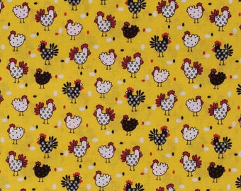 Cotton Chicken Rooster Hens Chicks Farm Birds Poultry on Yellow Cotton Fabric Print by the Yard (14684-Y) D678.65