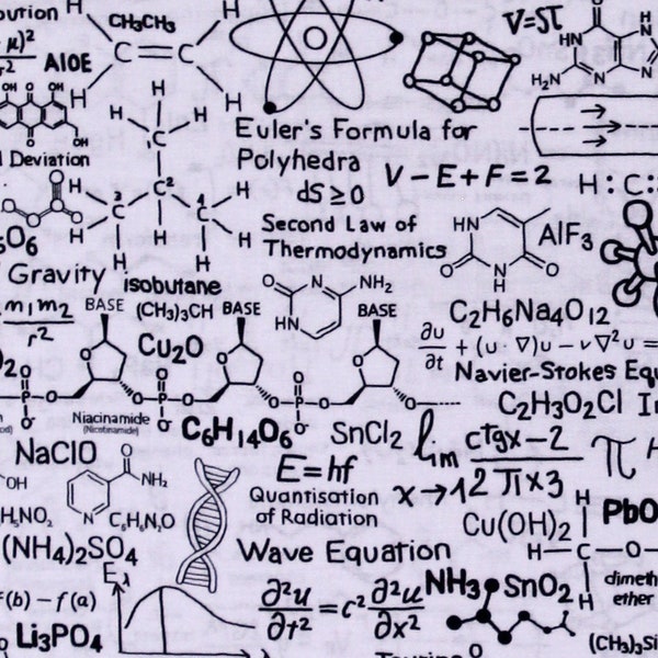 Cotton Scientific Formulas Chemistry Equations Diagrams Science Math Black on White Cotton Fabric Print by the Yard D588.71