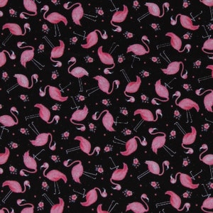 Cotton Pink Flamingos Birds Animals Flowers Floral Black Cotton Fabric Print by the Yard (12595-12) D686.20