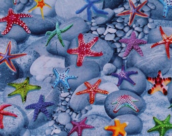 Cotton Starfish Animals Aquatic Water Ocean Rocks Habitat Pebbles Blue Cotton Fabric Print by the Yard (MICHAEL-CD1977-BLUE) D413.07