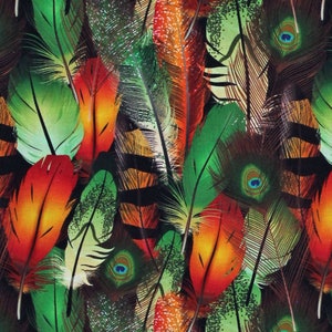 Cotton Feathers Green Orange Birds Peacocks Plumes Plumage Cotton Fabric Print by the Yard (119633) D465.44