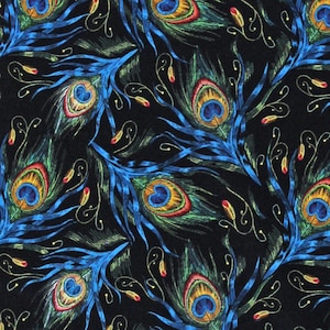 Cotton Peacocks Feathers Birds Plumes Blue Green Gold on Black Cotton Fabric Print by the Yard (119636) D465.43