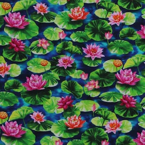 Cotton Water Lillies Lily Pads Pond Water Lotus Blue Cotton Fabric Print by the Yard (DCX10597-BLUE-D) D687.70