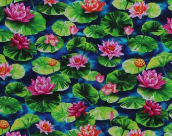 Cotton Water Lillies Lily Pads Pond Water Lotus Blue Cotton Fabric Print by the Yard (DCX10597-BLUE-D) D687.70