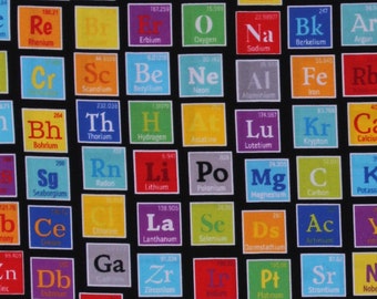 Cotton Periodic Table of the Elements Chemistry Science Multi-Color Squares on Black Cotton Fabric Print by the Yard D588.72