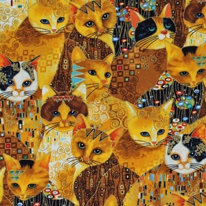 Cotton Golden Bejeweled Cats Animals Pets Gold Metallic Cleo Cotton Fabric Print by the Yard (CLEO-CM1881-GOLD) D381.51