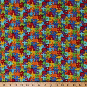 Cotton Jigsaw Puzzle Cotton Print &quot;Autism Awareness&quot; Kids Multi-Color Cotton Fabric Print by the Yard (GAIL-C6344-BRIGHT) D752.03