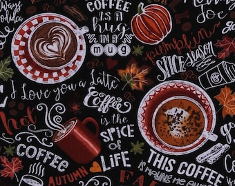 Cotton Coffee Drinks Words Sayings Pumpkin Spice Lattes Fall Autumn Thanksgiving Cafe Beverages on Black Fabric Print by the Yard D513.59