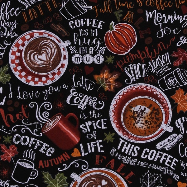 Cotton Coffee Drinks Words Sayings Pumpkin Spice Lattes Fall Autumn Thanksgiving Cafe Beverages on Black Fabric Print by the Yard D513.59