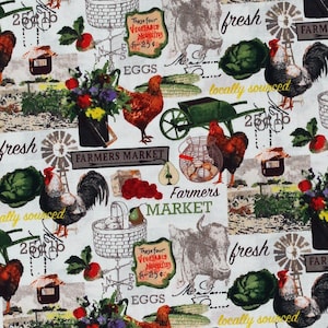 Cotton Farmers Market Fresh Food Chickens Eggs Vegetables Produce Flowers Country Farming Cotton Fabric Print by the Yard (52764-1) D487.68
