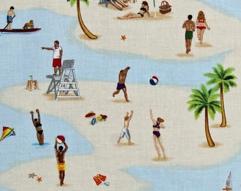 Cotton Beach Volleyball Sunbathing Umbrellas Palm Trees People Life Guards Summer Vacation Island Fun Fabric Print by the Yard D476.62