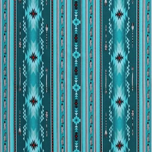 May include: Teal and turquoise fabric with a repeating pattern of geometric shapes, arrows, and feathers. The fabric is measured in inches.