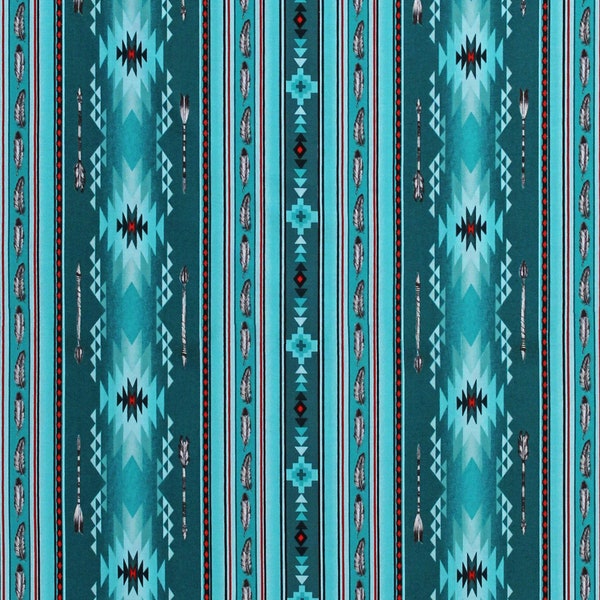 Cotton Southwestern Stripe Arrows Feathers Native American Aztec Tribal Designs Turquoise Cotton Fabric Print by the Yard D462.45