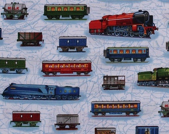 Trenes de algodón, vagones de carga, transporte de viaje, todos a bordo, tela de algodón impresa, cortada a medida (AKO-14089-195-BRIGHT) D562.27