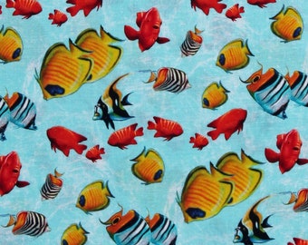 Cotton Fish Tropical Fishes Allover Blue Water Sea Ocean Reef Life Lorenzo Tempesta Cotton Fabric Print by the Yard (5748-11) D762.72