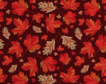 Pode incluir: Um padrão de tecido sem costuras com um design repetitivo de folhas de bordo vermelhas, laranja e marrons sobre um fundo bordô escuro.