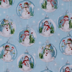 Cotton Snow Globe Snowmen Winter Christmas Snow Festive Trees Snow Day Blue Cotton Fabric Print by the Yard (52597D-1) D405.64