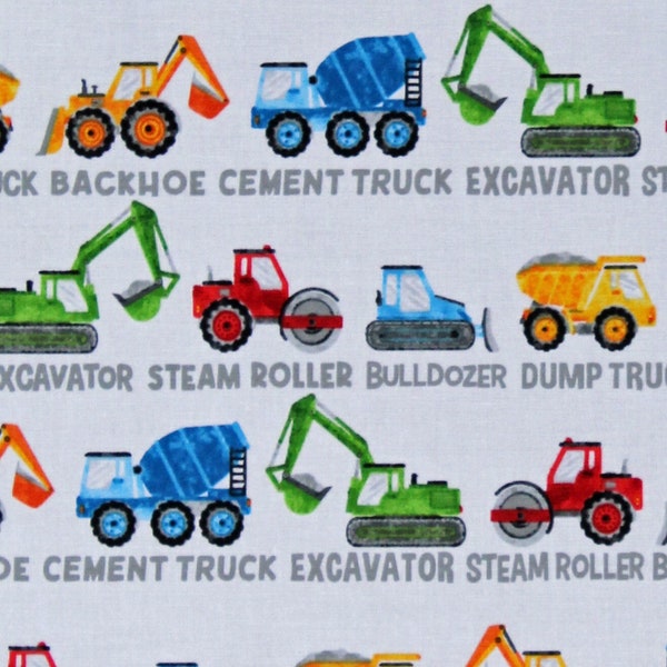 Cotton Construction Bulldozers Dump Trucks Cranes Excavators Build Your Own World Vehicles Stripe White Fabric Print by the Yard D674.84