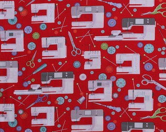Cotton Sewing Machines Sewing Notions Supplies Seamstress Button Pins Scissors on Red Sewing Room Cotton Fabric Print by the Yard Benartex