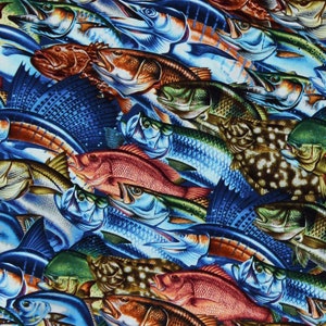 Cotton Fish Packed Fishing Sailfish Reel Fun Cotton Fabric Print by the Yard (2392-70) D372.53 by Blank Quilting