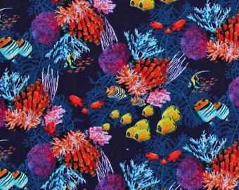 Cotton Fish Tropical Fishes Sea Anemones Coral Ocean Animals Reef Life Navy Blue Cotton Fabric Print by the Yard (5747-77) D758.49